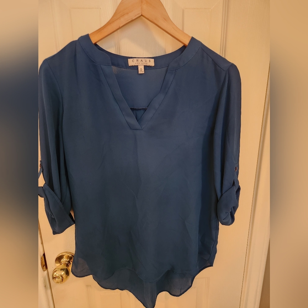 Chaus Women's Elegant Teal Blouse With Button Cap-sleeves